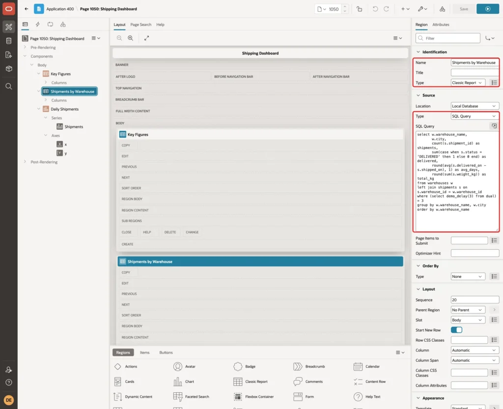 Page Designer with region Name Shipments by Warehouse, Type Classic Report, Source Type SQL Query and the SQL Query with demo_delay(3) marked with red boxes