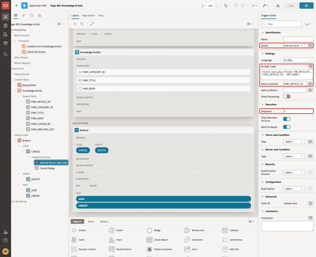Triggered action Execute Server-side Code under the CANCEL button with Action, PL/SQL Code, Items to Submit and Sequence 5 marked with red boxes