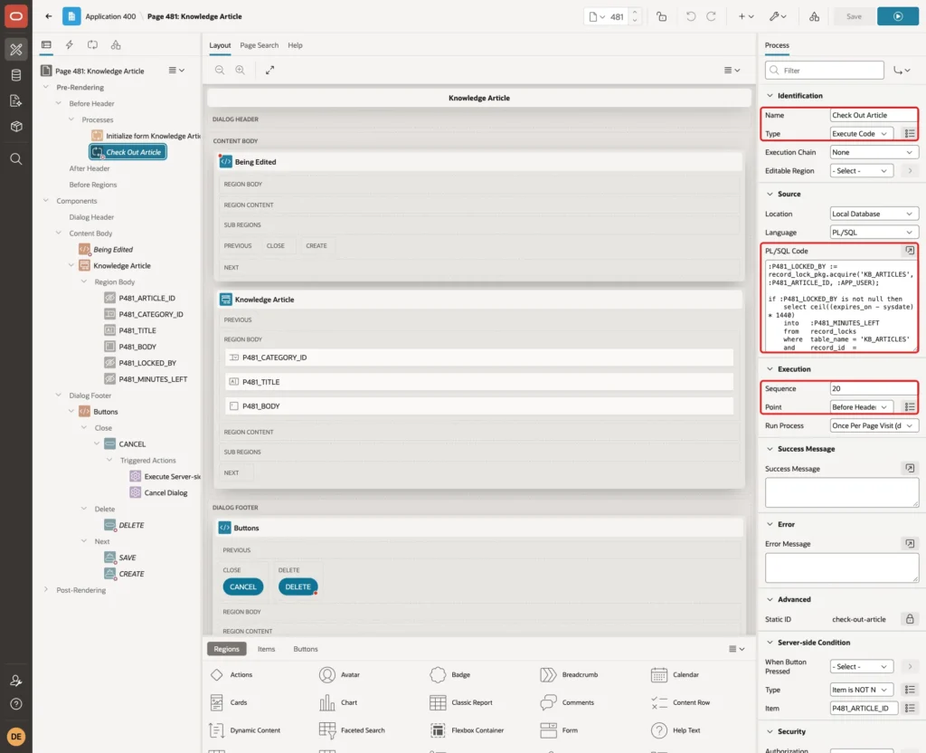Process Check Out Article with Name, Type, PL/SQL Code, Sequence 20 and Point Before Header marked with red boxes