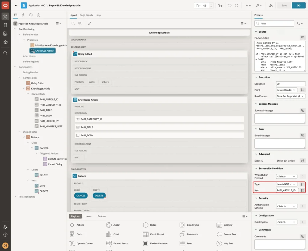 Server-side Condition of the process with Type Item is NOT NULL and Item P481_ARTICLE_ID marked with a red box