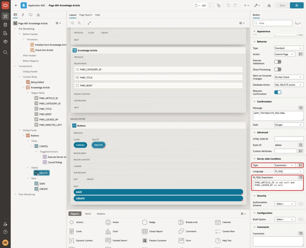 DELETE button with the same Server-side Condition marked with red boxes