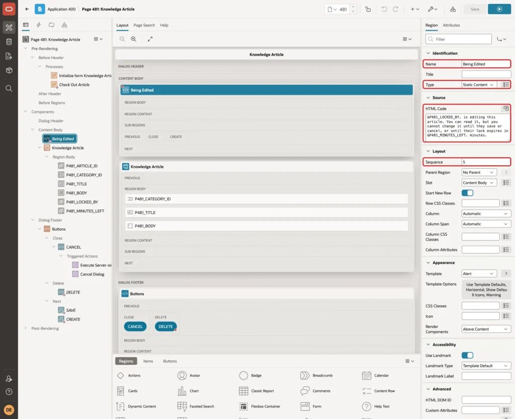 Region Being Edited with Name, Type, HTML Code and Sequence marked with red boxes