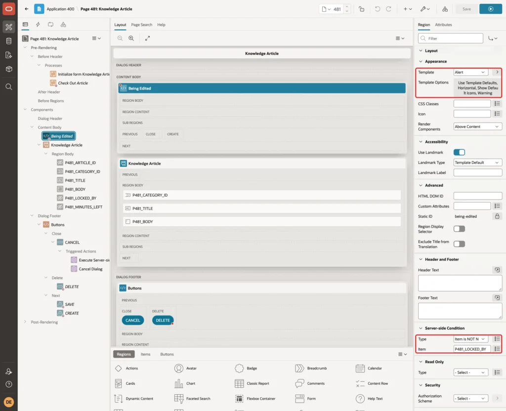 Region appearance with the Alert template and Warning options, and the Server-side Condition Item is NOT NULL P481_LOCKED_BY marked with red boxes