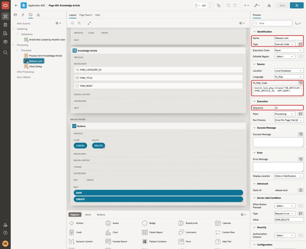 Process Release Lock with Name, Type, PL/SQL Code and Sequence 20 marked with red boxes