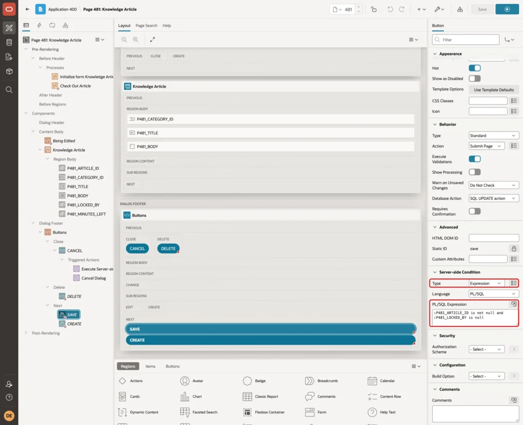 SAVE button with Server-side Condition Type Expression and the PL/SQL Expression marked with red boxes