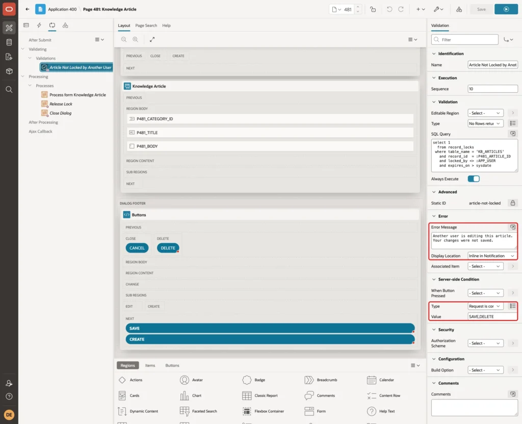 Validation error message, display location and the Server-side Condition Request is contained in Value SAVE,DELETE marked with red boxes
