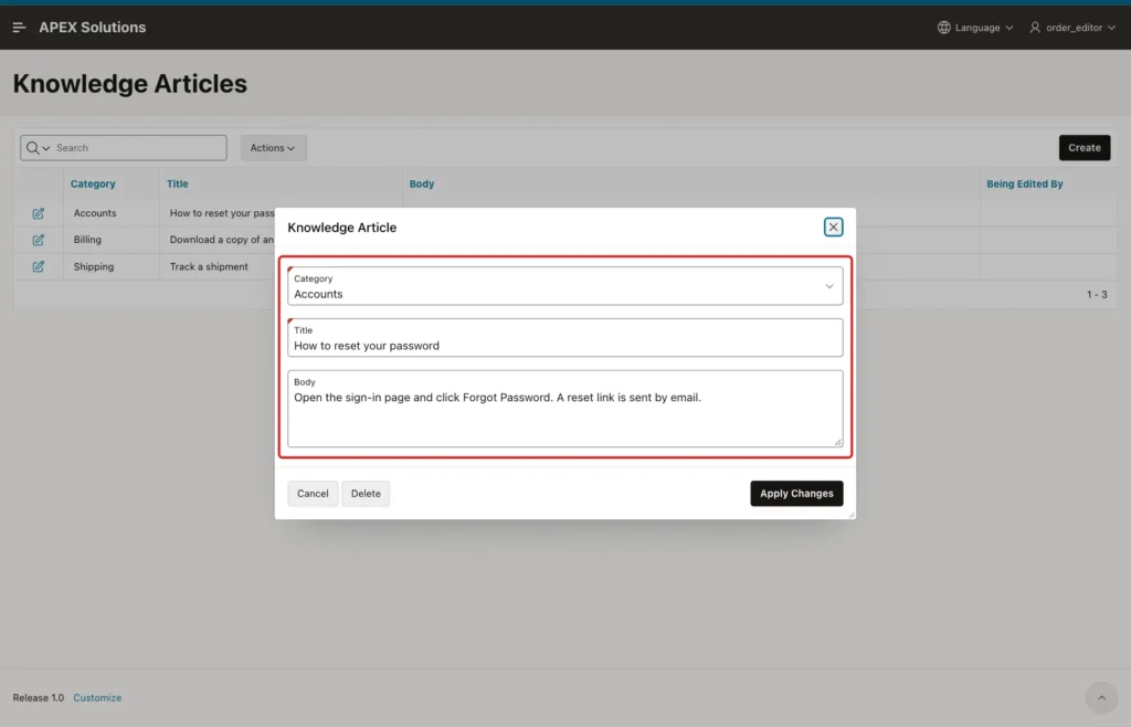 Knowledge Article dialog for ORDER_EDITOR with editable fields marked with a red box after DEMO_DEV saved