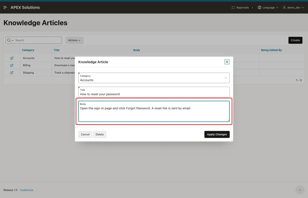 Knowledge Article dialog for DEMO_DEV with the changed Body marked with a red box