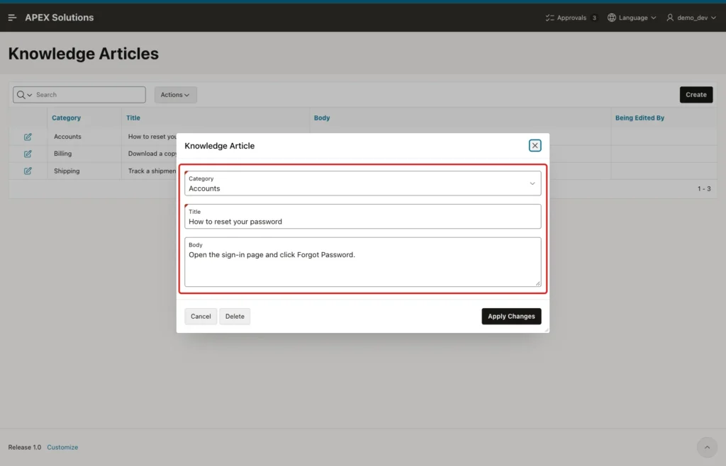 Knowledge Article dialog for DEMO_DEV with editable fields marked with a red box and the Delete and Apply Changes buttons