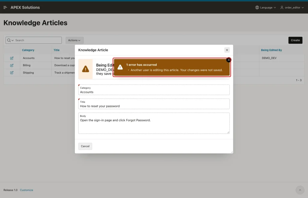 Knowledge Article dialog after a forced SAVE with the error Another user is editing this article marked with a red box