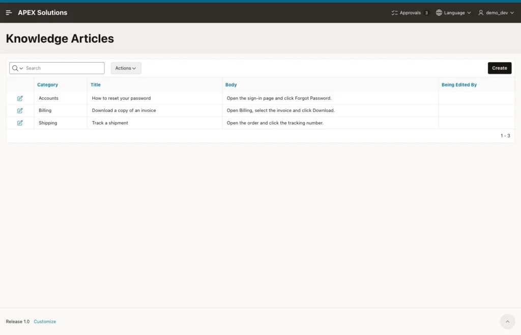 Knowledge Articles interactive report with three articles and an empty Being Edited By column