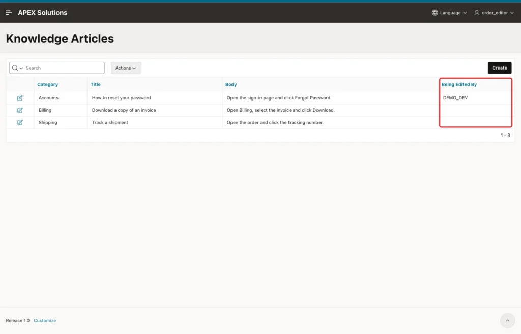 Knowledge Articles report for ORDER_EDITOR with DEMO_DEV in the Being Edited By column marked with a red box