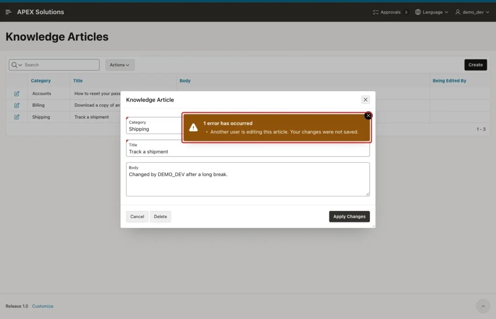 Knowledge Article dialog for DEMO_DEV with the error Another user is editing this article marked with a red box