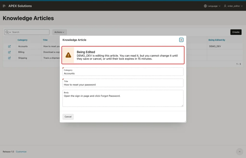 Knowledge Article dialog for ORDER_EDITOR with the Being Edited notice marked with a red box, read-only fields and only the Cancel button