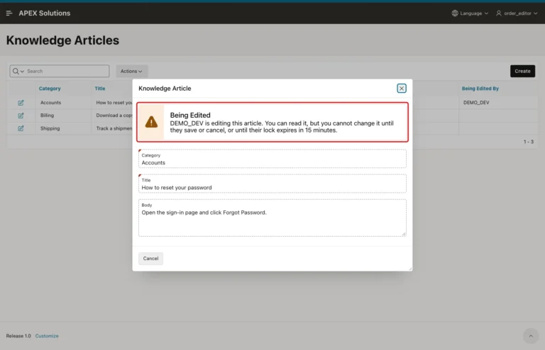 Knowledge Article dialog for ORDER_EDITOR with the Being Edited notice marked with a red box, read-only fields and only the Cancel button