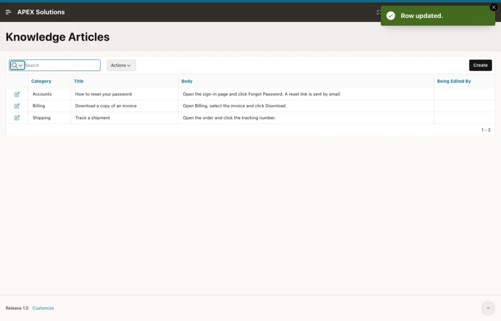 Knowledge Articles report with the Row updated message and the new Body text of the first article