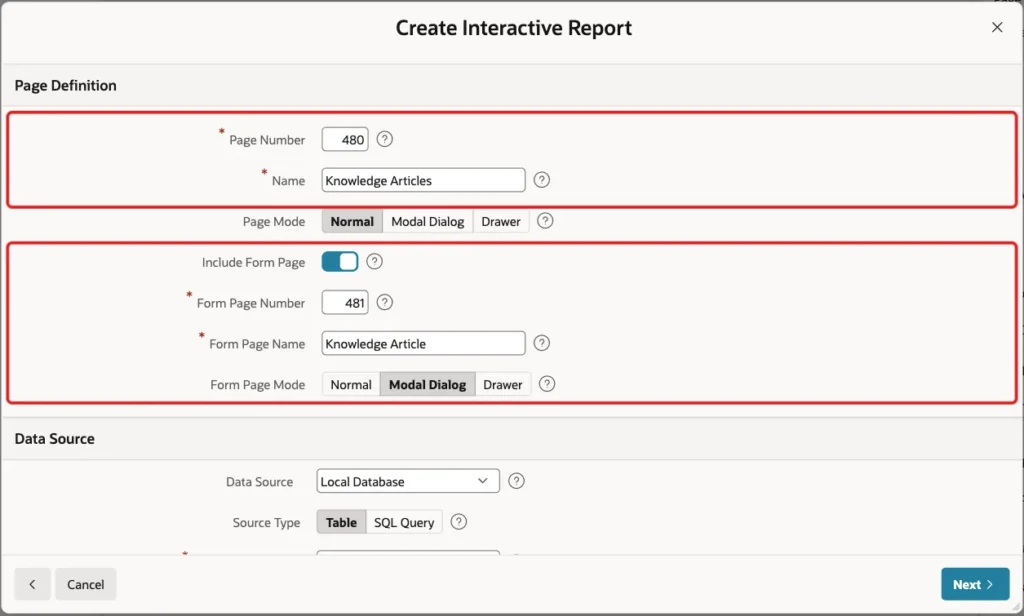 Create Interactive Report wizard with page 480 Knowledge Articles and modal form page 481 Knowledge Article marked with red boxes