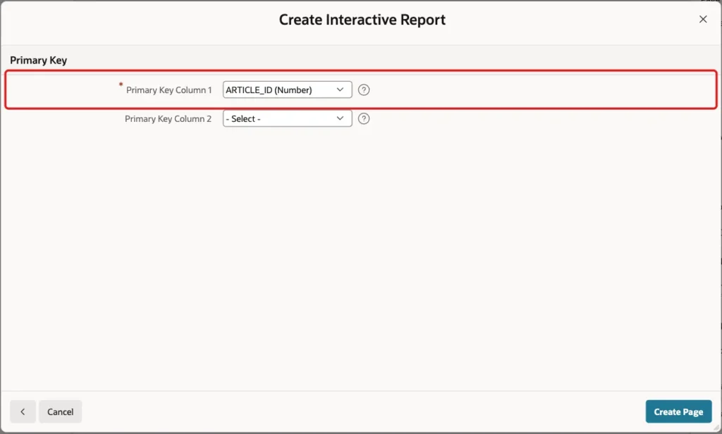 Primary Key screen of the wizard with ARTICLE_ID selected and marked with a red box