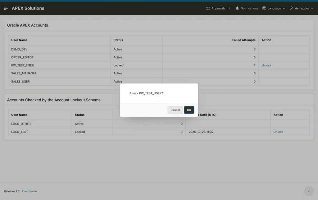 Confirmation dialog Unlock PW_TEST_USER? with Cancel and OK