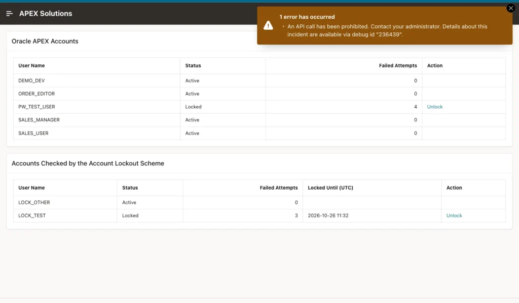 Account Lockouts page with the error An API call has been prohibited. Contact your administrator.