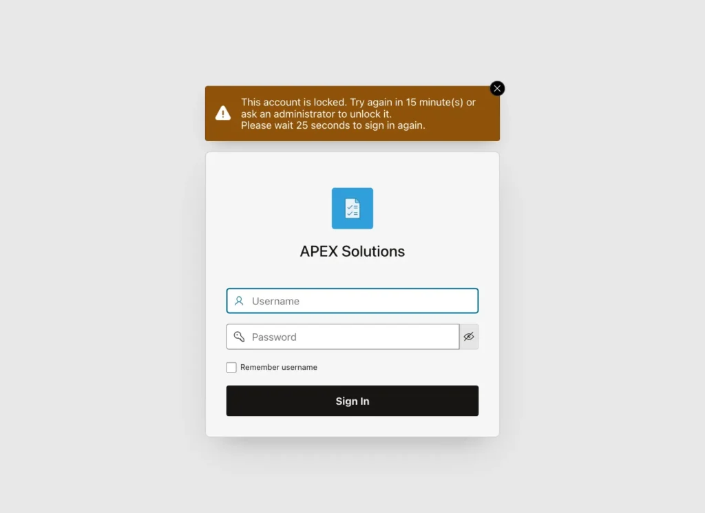 Sign-in page showing This account is locked. Try again in 15 minute(s) or ask an administrator to unlock it. and Please wait 25 seconds to sign in again.