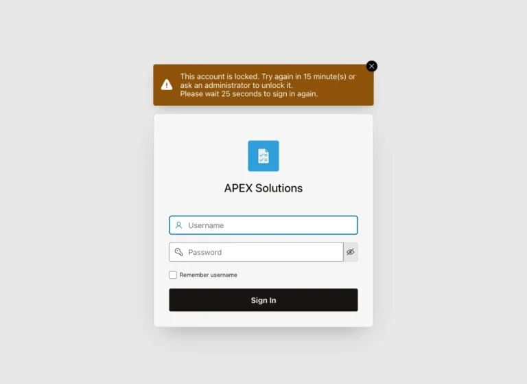 Sign-in page showing This account is locked. Try again in 15 minute(s) or ask an administrator to unlock it. and Please wait 25 seconds to sign in again.