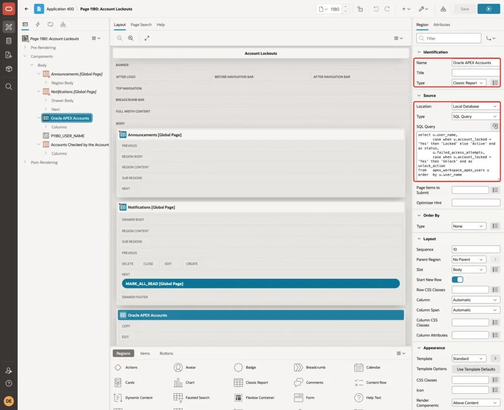 Page Designer with the Oracle APEX Accounts region, its Name, Type Classic Report, Location Local Database, Type SQL Query and the query marked with red boxes
