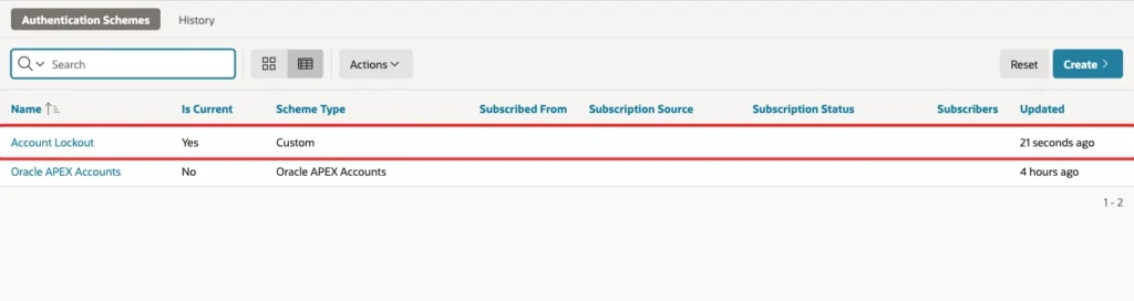Authentication Schemes list with the Account Lockout row, Is Current Yes and Scheme Type Custom marked with a red box