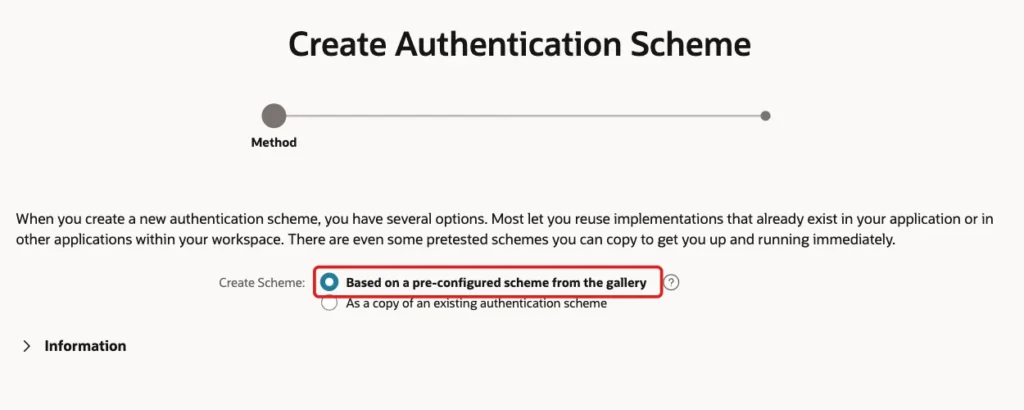Create Authentication Scheme wizard with the option Based on a pre-configured scheme from the gallery marked with a red box