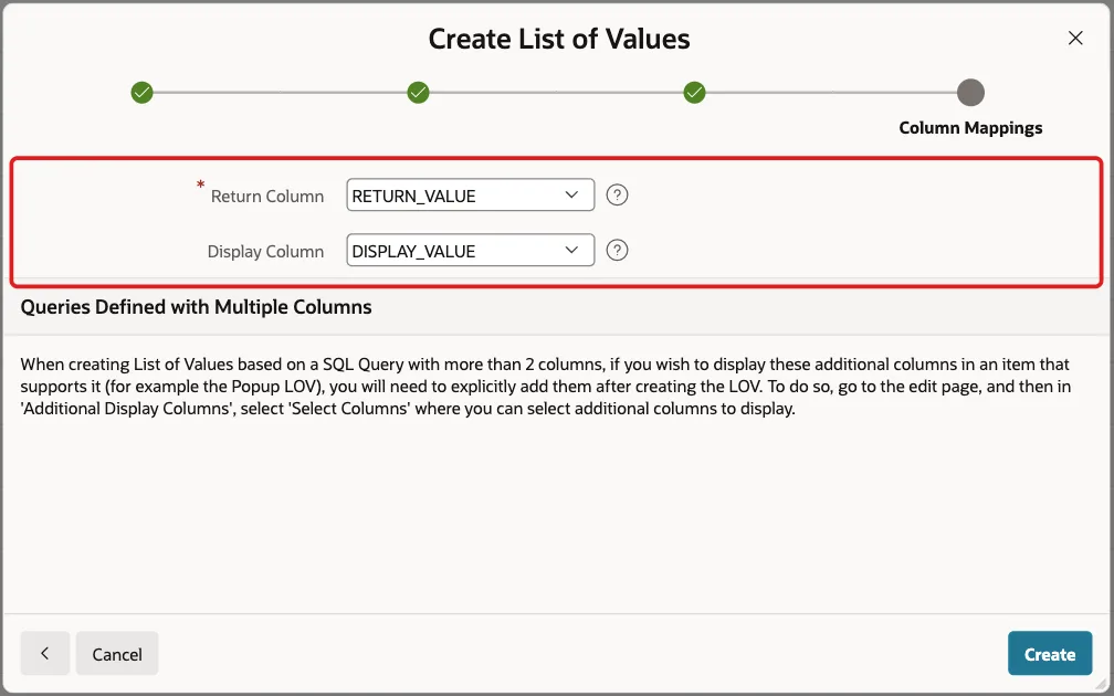 Column Mappings screen with RETURN_VALUE and DISPLAY_VALUE marked with a red box