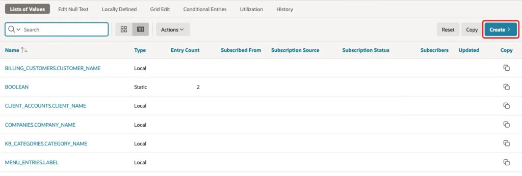 Lists of Values page with the Create button marked with a red box
