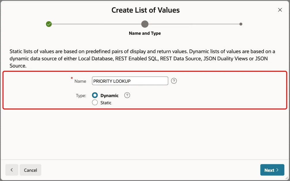 Name and Type screen with PRIORITY LOOKUP and Dynamic marked with a red box