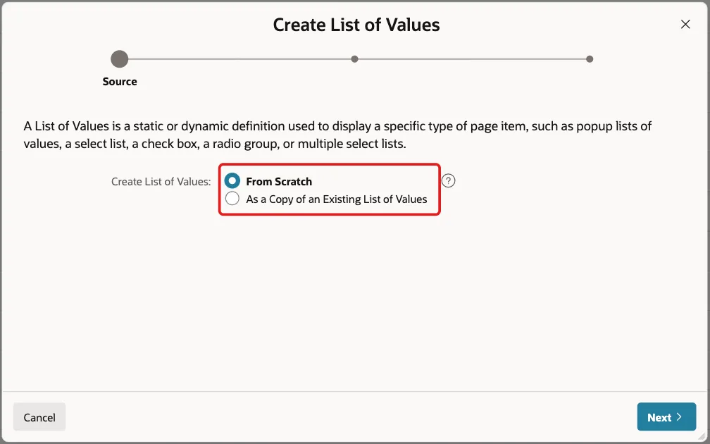 Create List of Values dialog with From Scratch marked with a red box