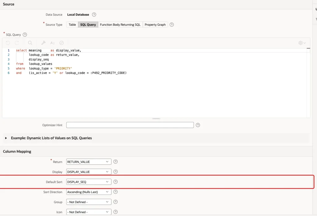 List of Values PRIORITY LOOKUP with Default Sort DISPLAY_SEQ marked with a red box