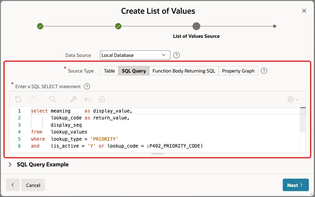 List of Values Source screen with Source Type SQL Query and the query marked with a red box