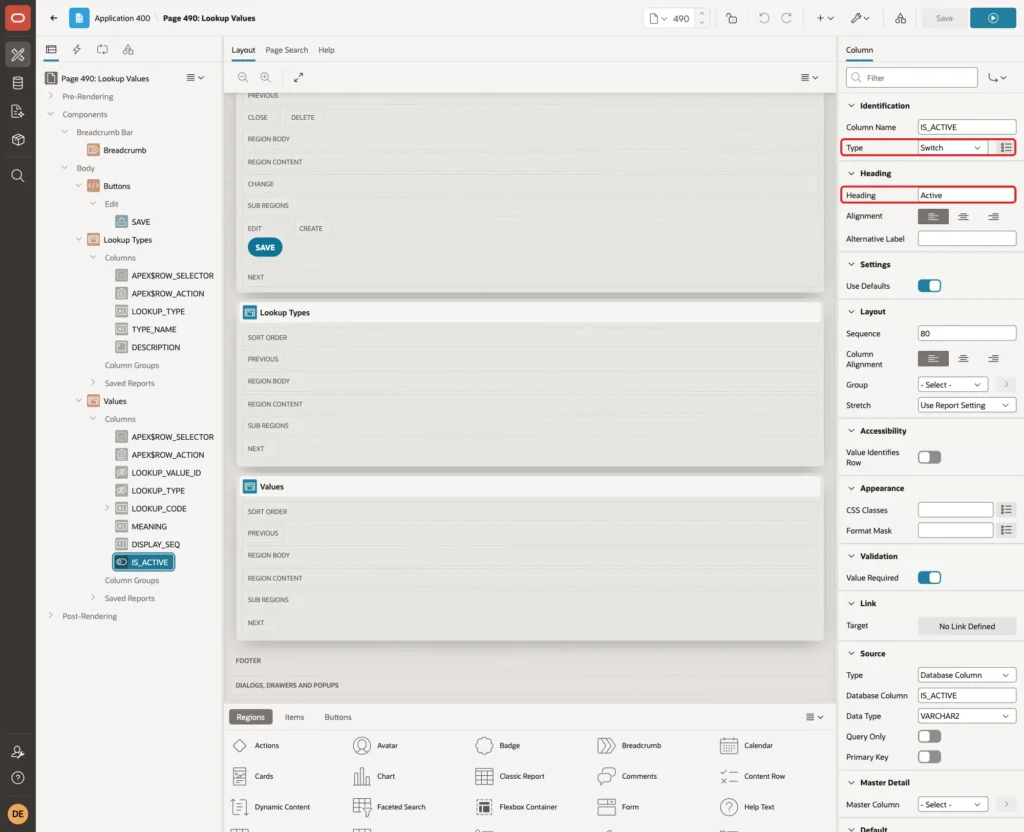 IS_ACTIVE column with Type Switch and Heading Active marked with red boxes