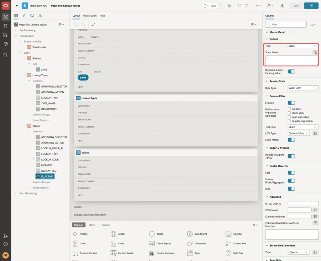 IS_ACTIVE column with Default Type Static and Static Value Y marked with a red box