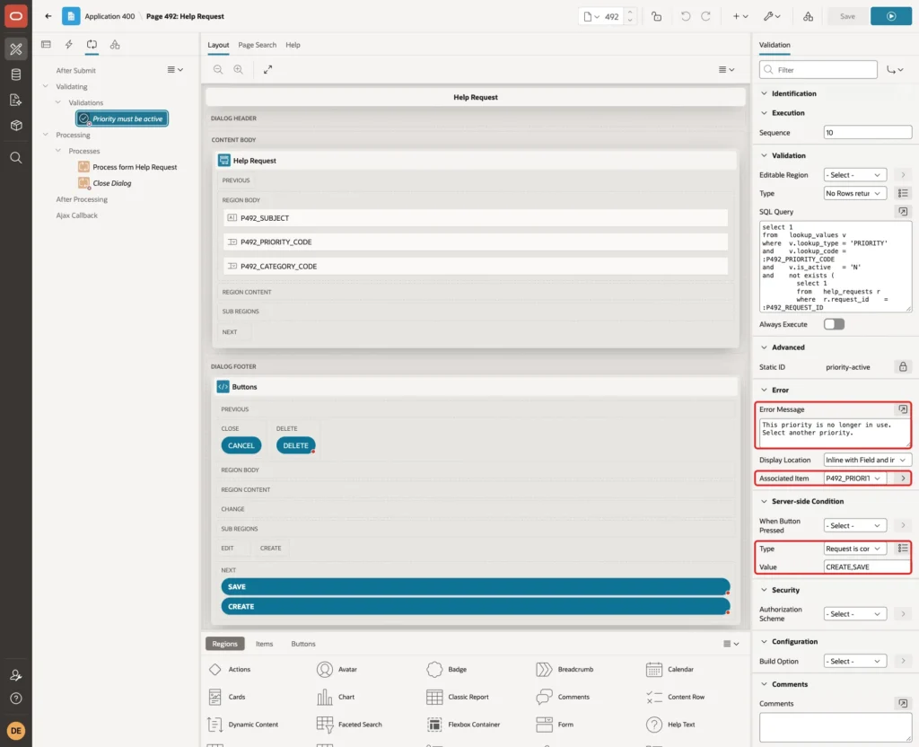 Error Message, Associated Item and the Server-side Condition of the validation marked with red boxes
