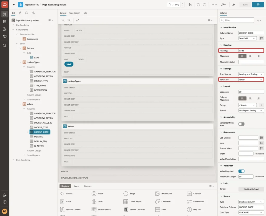 LOOKUP_CODE column with Heading Code and Text Case Upper marked with red boxes