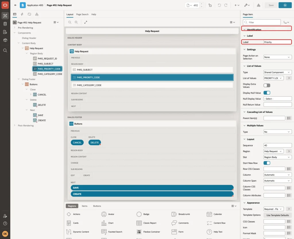 P492_PRIORITY_CODE with Type Select List and Label Priority marked with red boxes