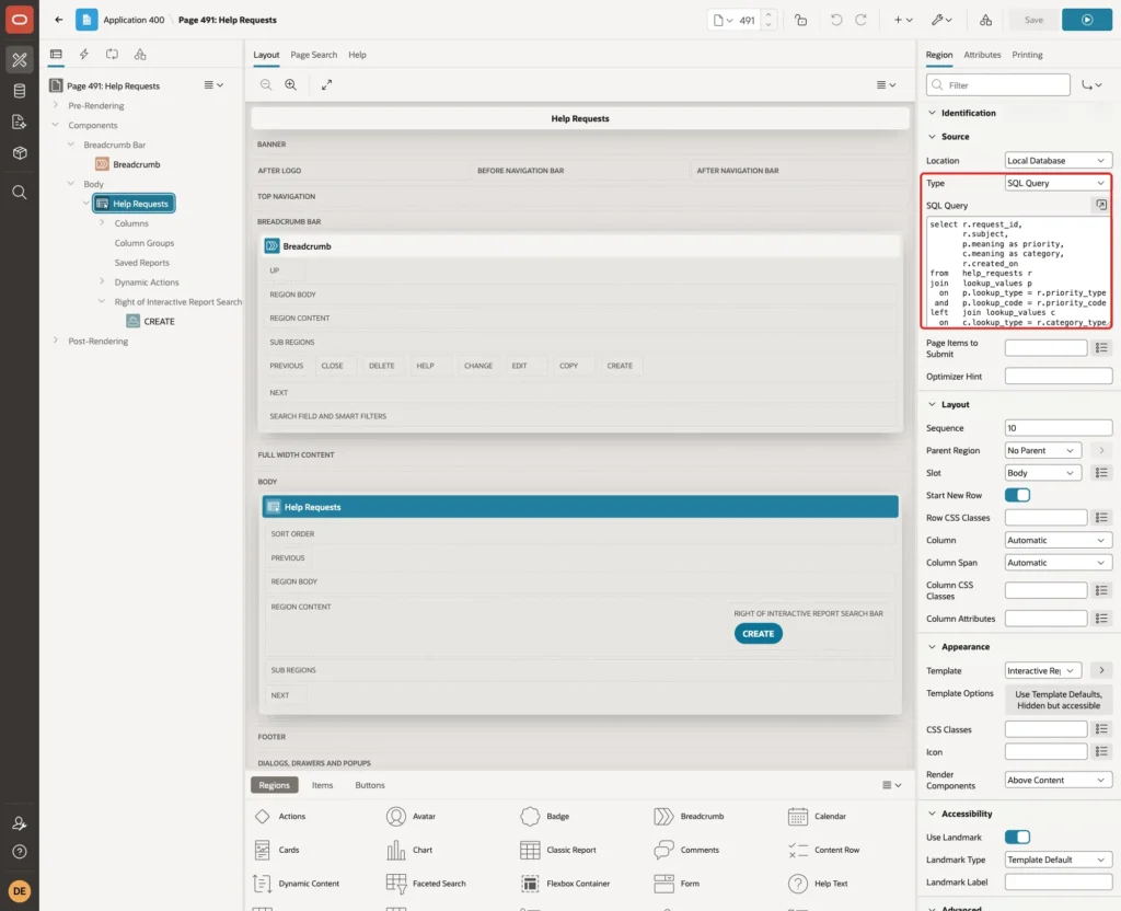 Help Requests region with Source Type SQL Query and the join query marked with a red box