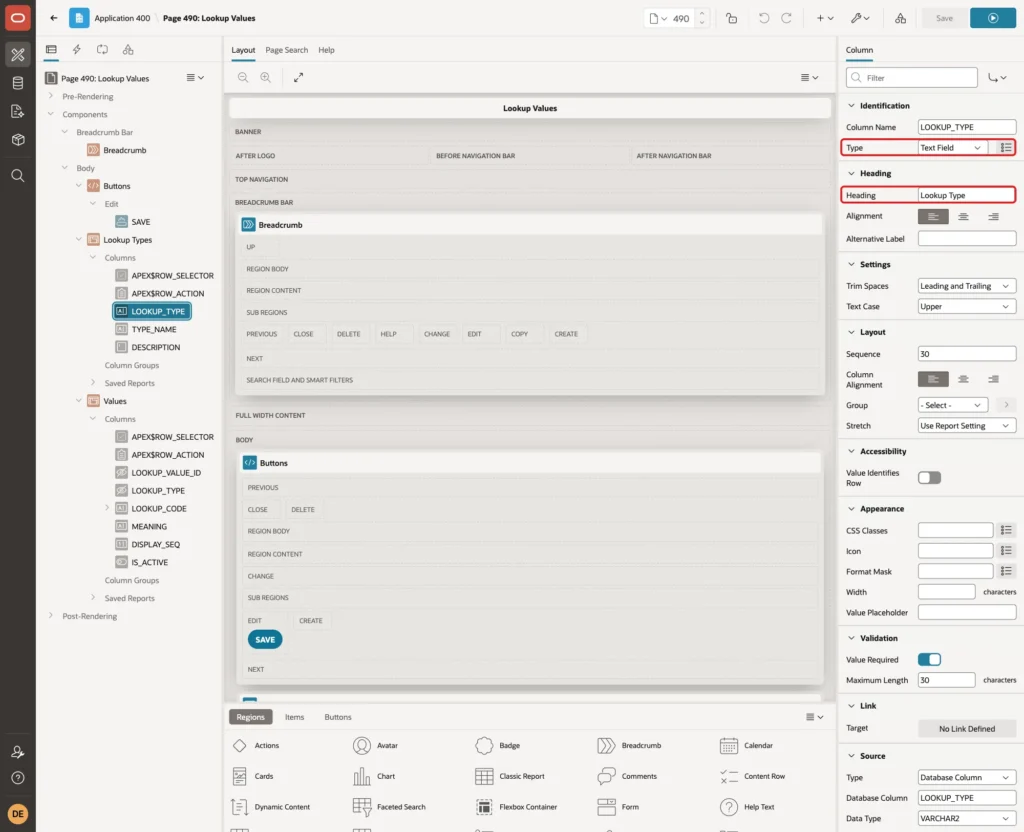 LOOKUP_TYPE column with Type Text Field and Heading Lookup Type marked with red boxes
