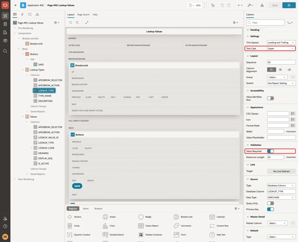LOOKUP_TYPE column with Text Case Upper and Value Required marked with red boxes