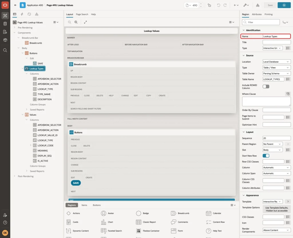 First interactive grid region with Name Lookup Types marked with a red box