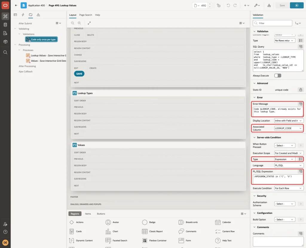 Error Message, Associated Column and the Server-side Condition of the validation marked with red boxes