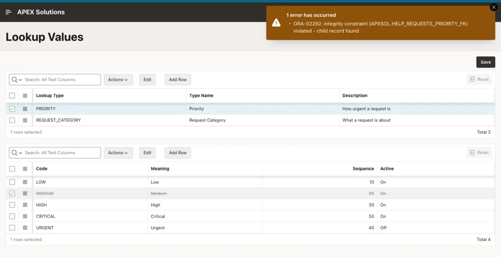 Lookup Values page with the error ORA-02292 child record found