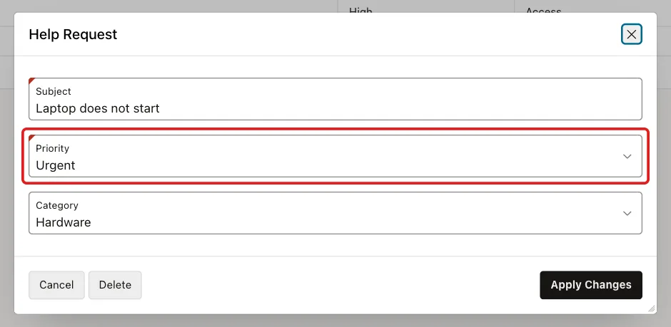 Help Request dialog for Laptop does not start with Priority Urgent marked with a red box