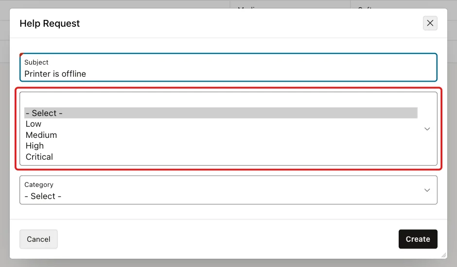Help Request dialog with the Priority list open showing Low, Medium, High and Critical marked with a red box
