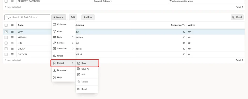 Actions menu with Report and Save marked with a red box