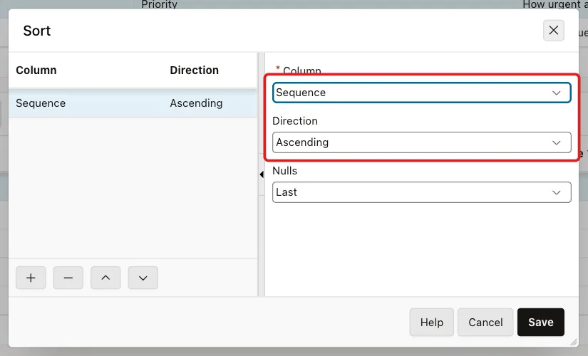 Sort dialog with Column Sequence and Direction Ascending marked with a red box